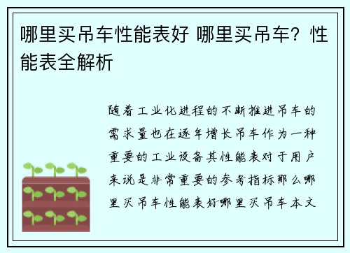 哪里买吊车性能表好 哪里买吊车？性能表全解析